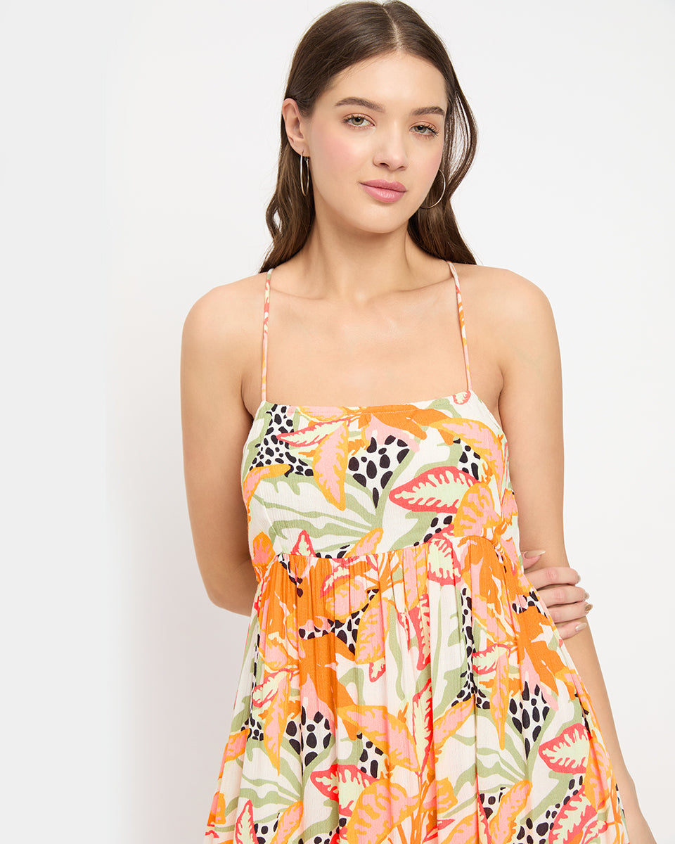 Orange Tropical Printed Alluring Spaghetti Straps Midi Dress For Women