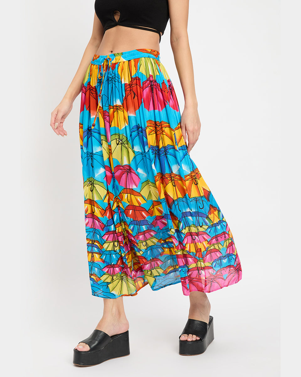 Umbrella Theme Multicolor Poly Knit Rayon Skirt For Women
