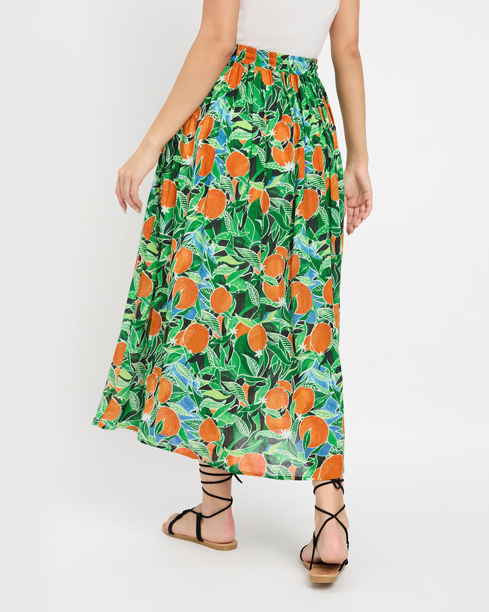 Fruit Print Multicolor Rayon Gauge And Poly Knit Skirt For Women
