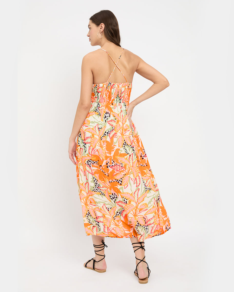 Orange Tropical Printed Alluring Spaghetti Straps Midi Dress For Women