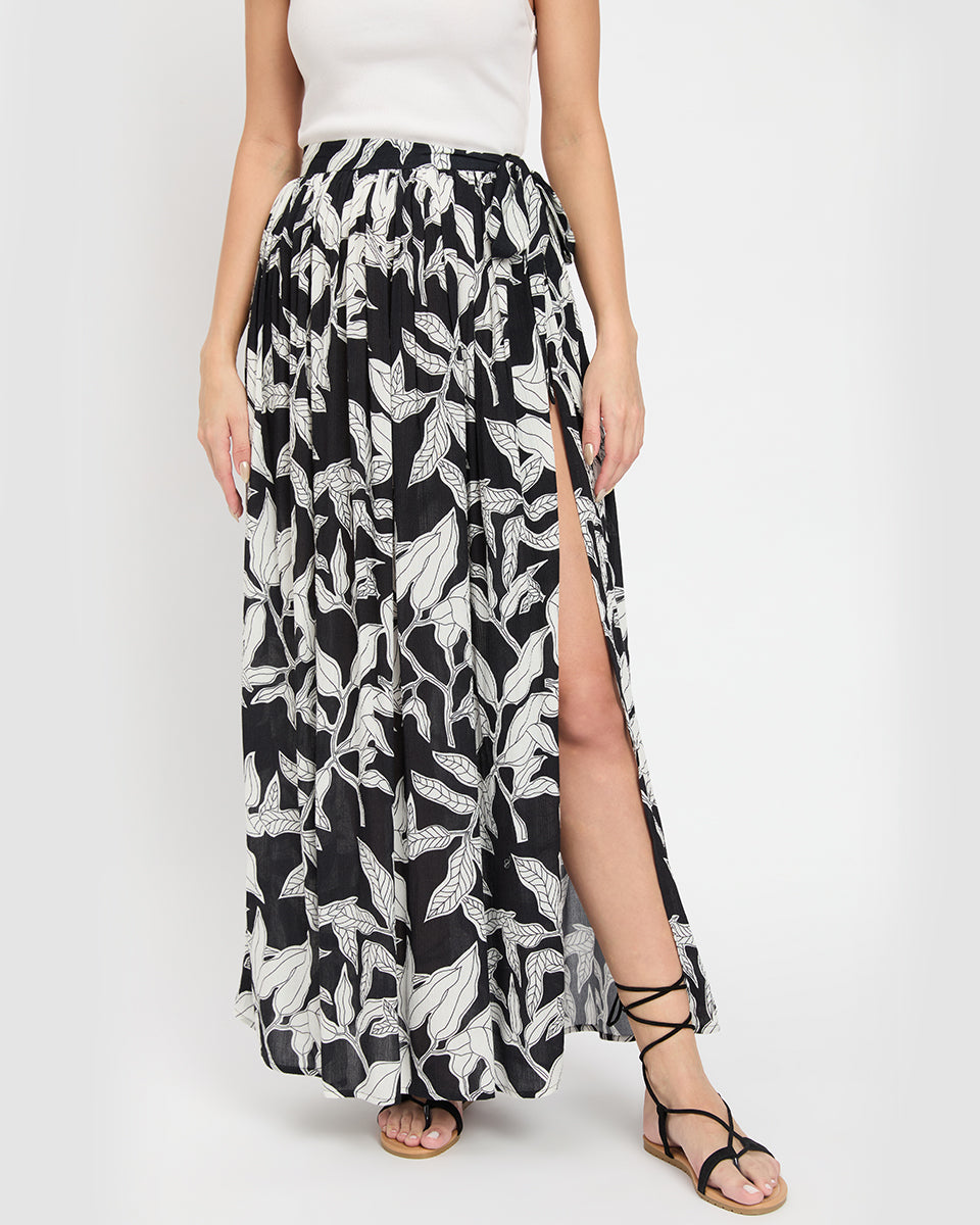 Black And White Leaf Print Side Slit Rayon Skirt For Women