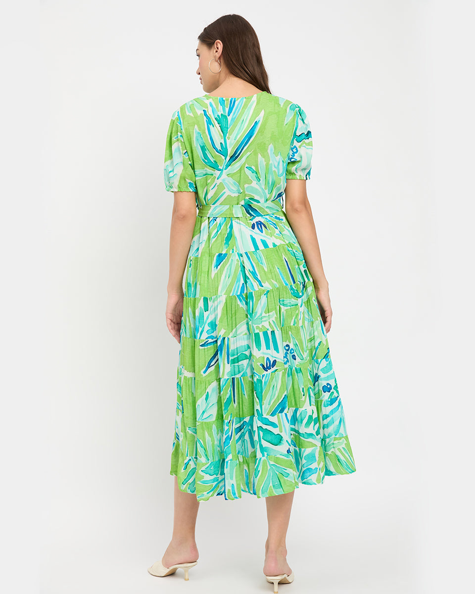 Green And Blue Leaf Rayon Crepe Midi Dress For Women