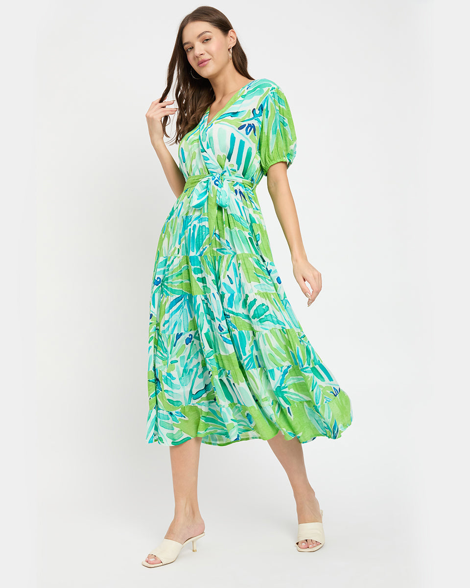 Green And Blue Leaf Rayon Crepe Midi Dress For Women