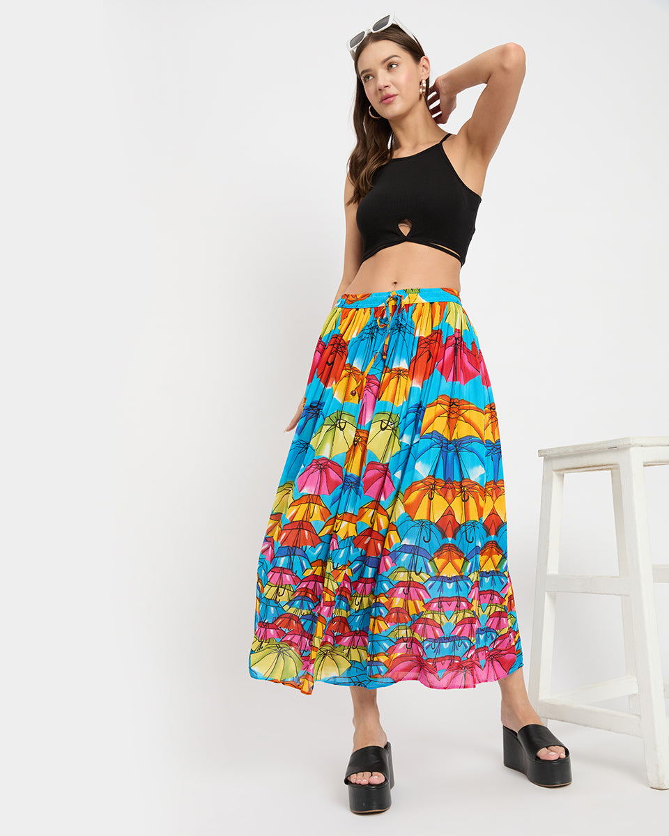 Umbrella Theme Multicolor Poly Knit Rayon Skirt For Women