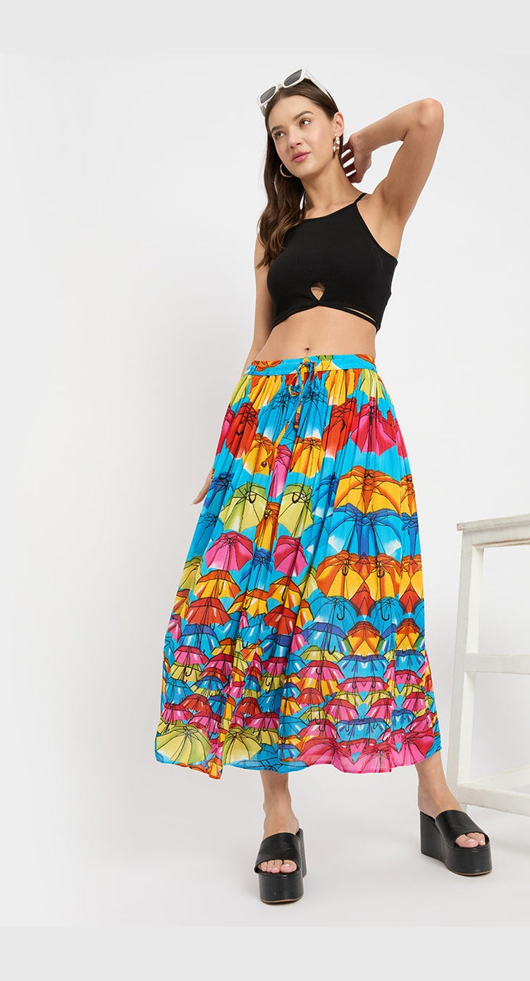 Umbrella Theme Multicolor Poly Knit Rayon Skirt For Women - S M L XL - SKU SKTD-5010 S - Gypsie Blu