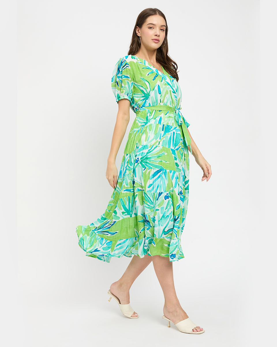 Green And Blue Leaf Rayon Crepe Midi Dress For Women