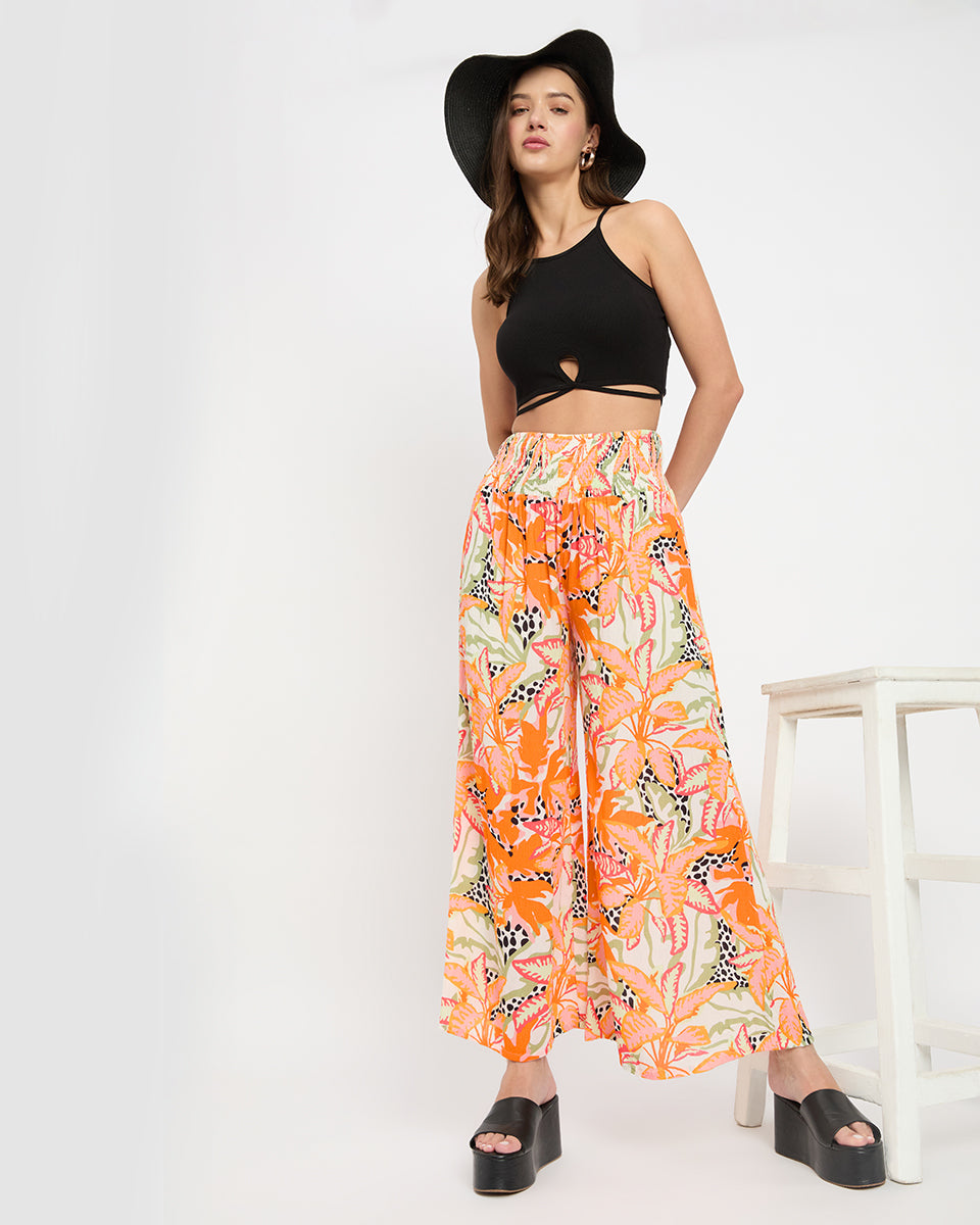 Tropical Printed Orange Rayon Crepe Bottom Pants For Women
