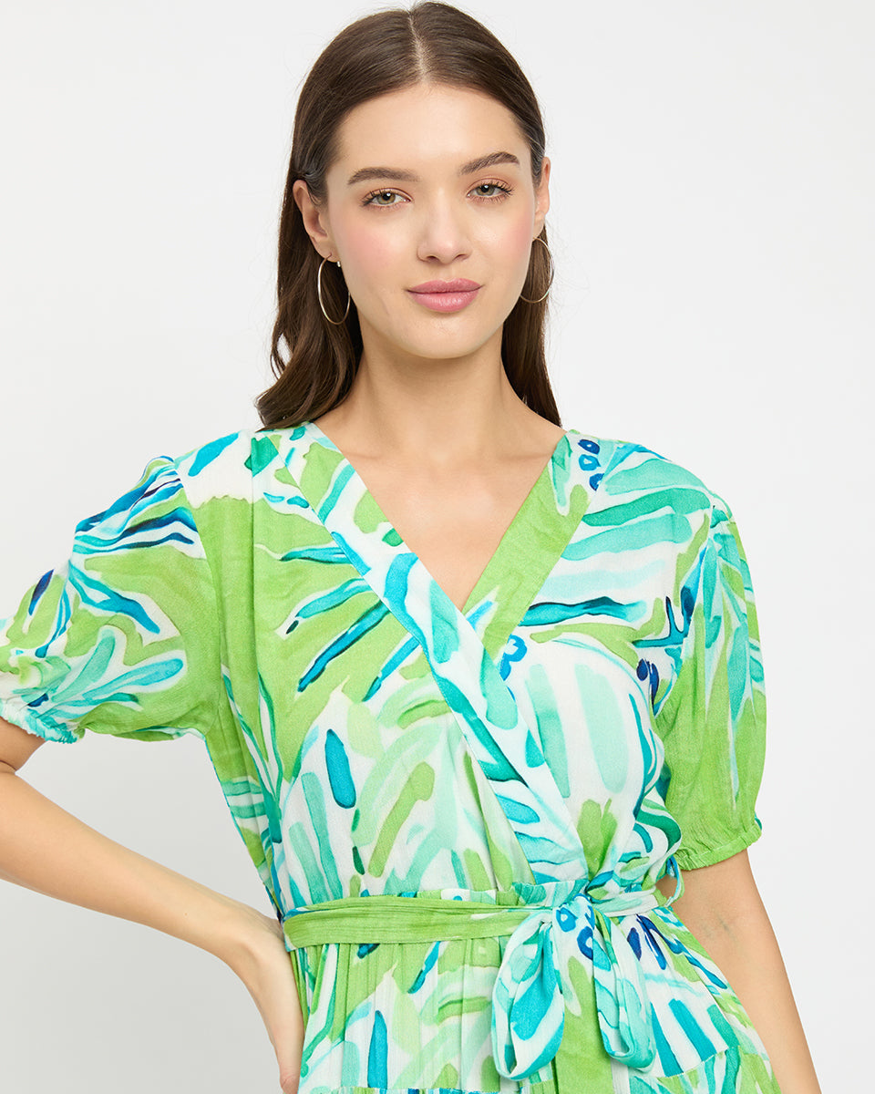 Green And Blue Leaf Rayon Crepe Midi Dress For Women