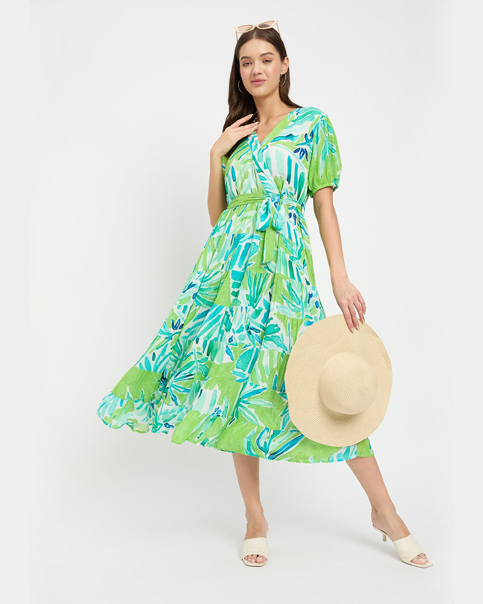 Green And Blue Leaf Rayon Crepe Midi Dress For Women