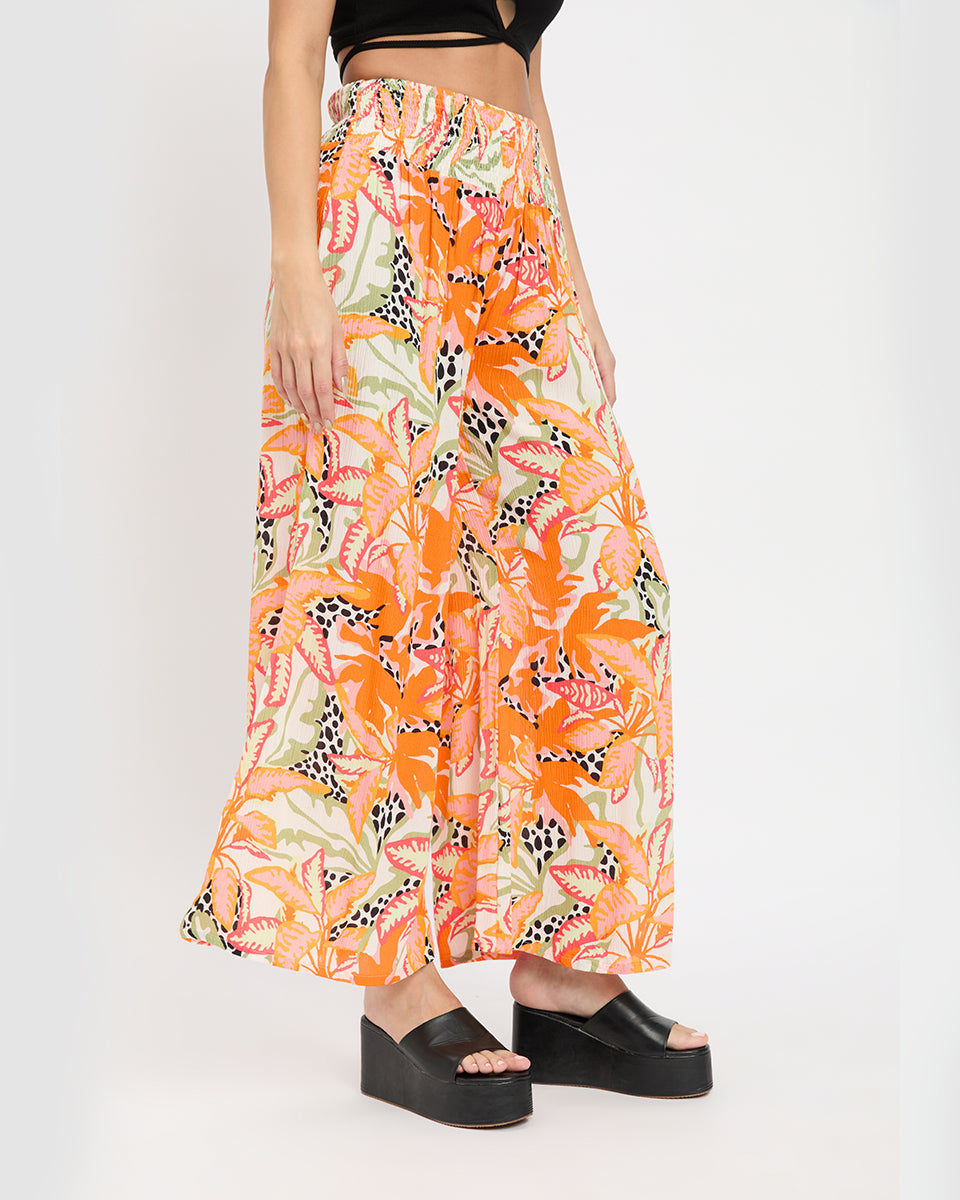 Tropical Printed Orange Rayon Crepe Bottom Pants For Women