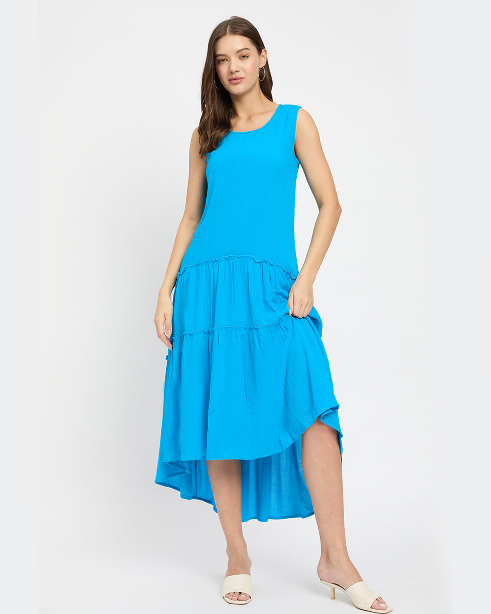 Aqua Color Alluring Rayon Gauze Midi Dress For Women