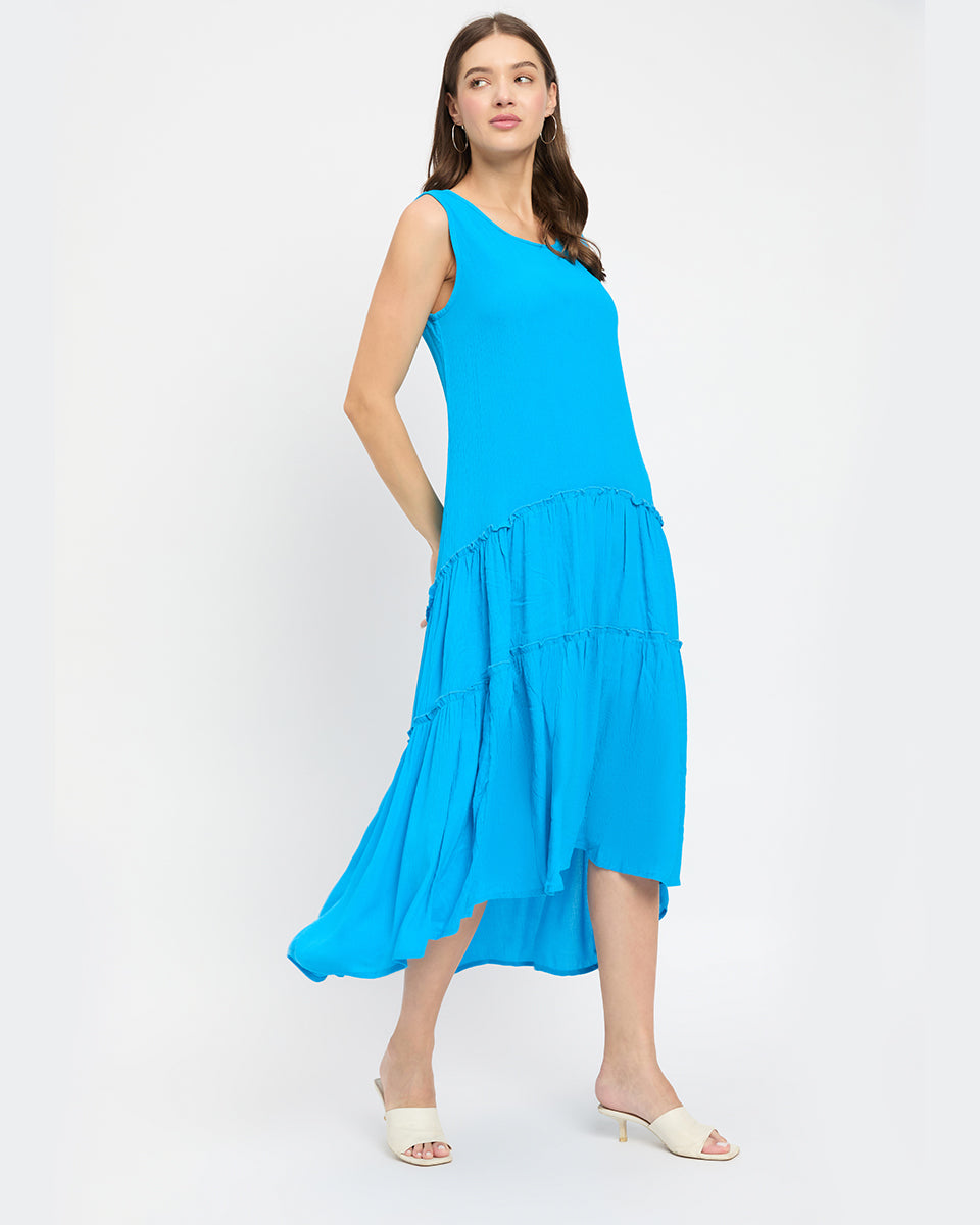 Aqua Color Rayon Women Midi Dress for Evening Party