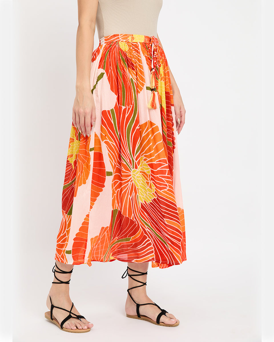 Floral Print Multi Color Rayon And Poly Knit Skirt For Women