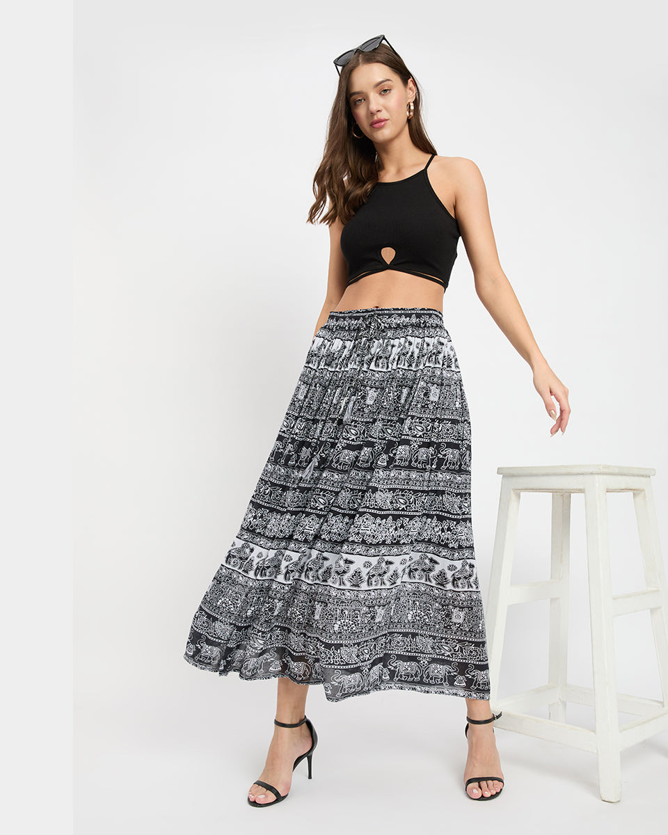 Black And White Rayon Poly Knit Skirt For Women