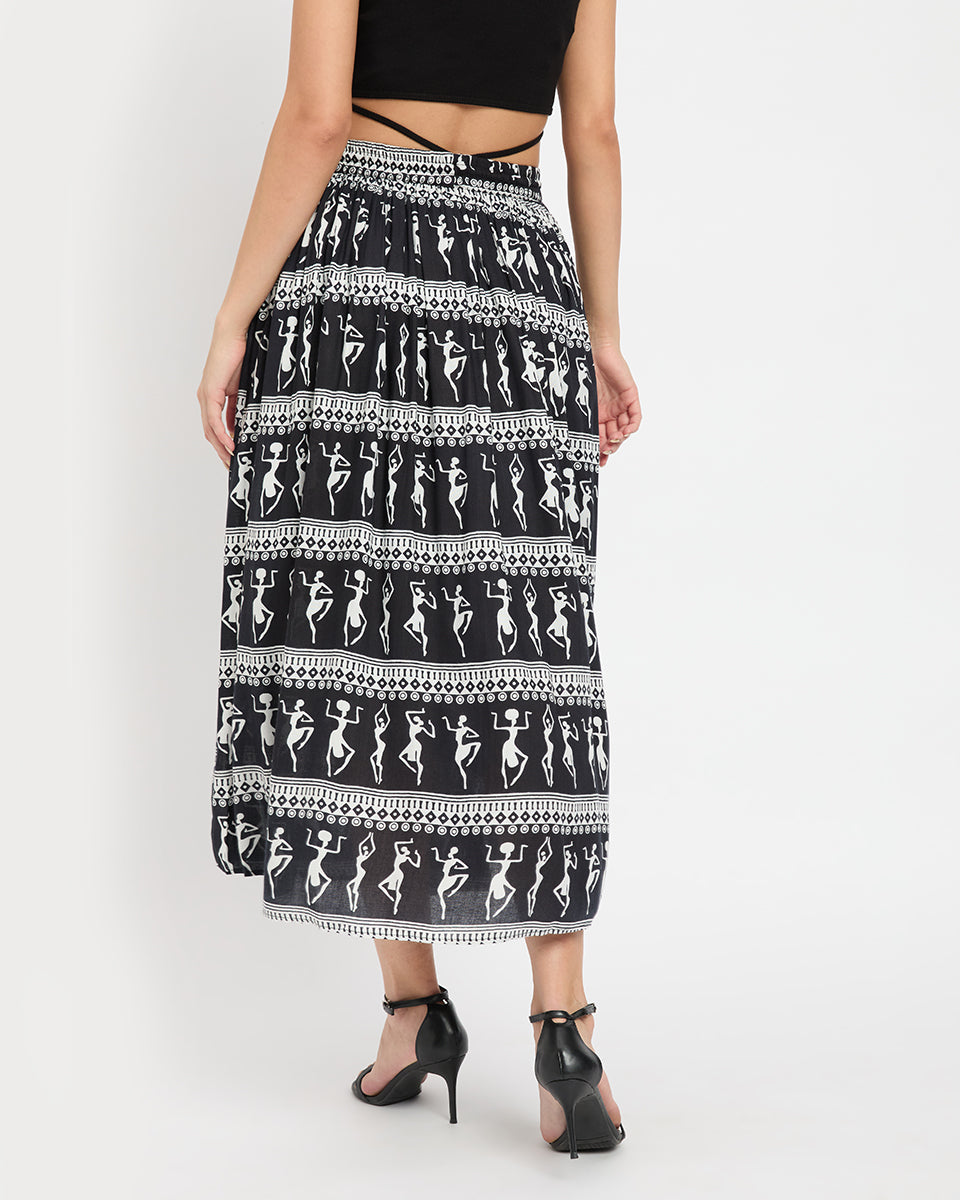 Lady Print Black and White Rayon A line Elastic Waist Long Skirt