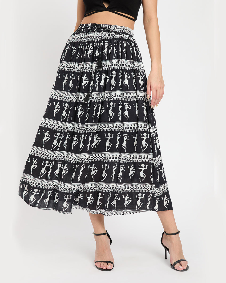 Lady Print Black and White Rayon A line Elastic Waist Long Skirt