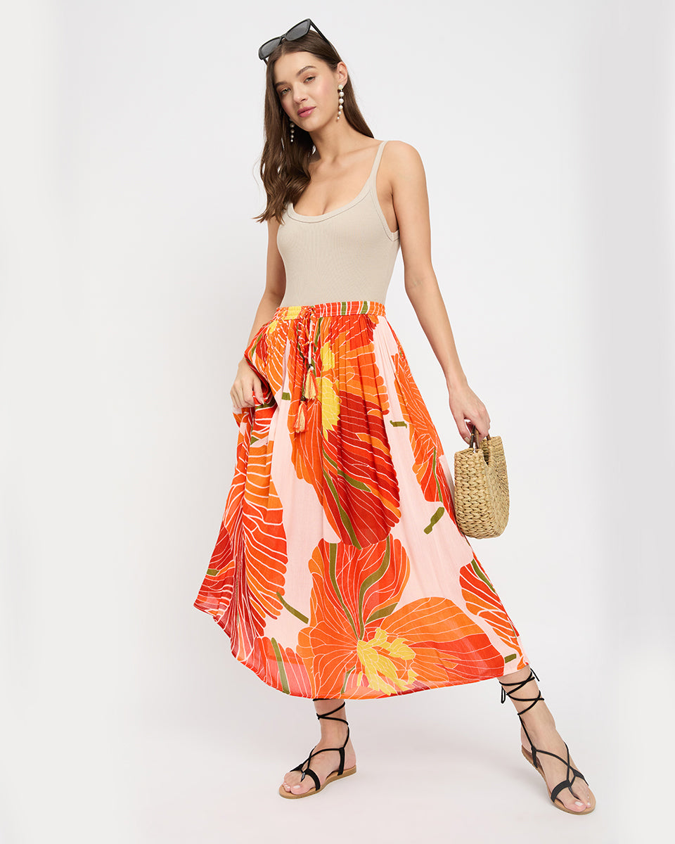 Floral Print Multi Color Rayon And Poly Knit Skirt For Women