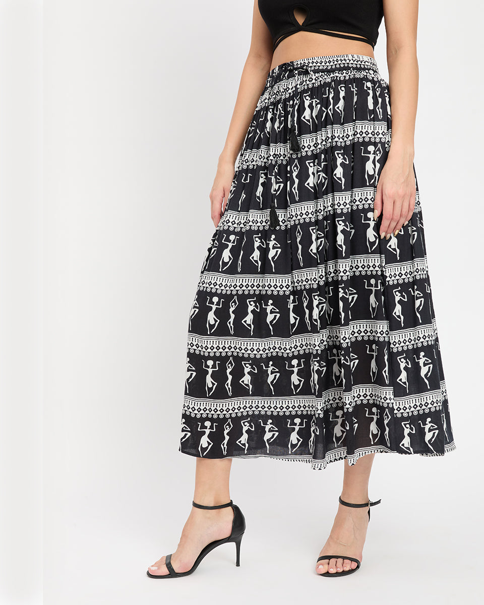 Lady Print Black and White Rayon A line Elastic Waist Long Skirt