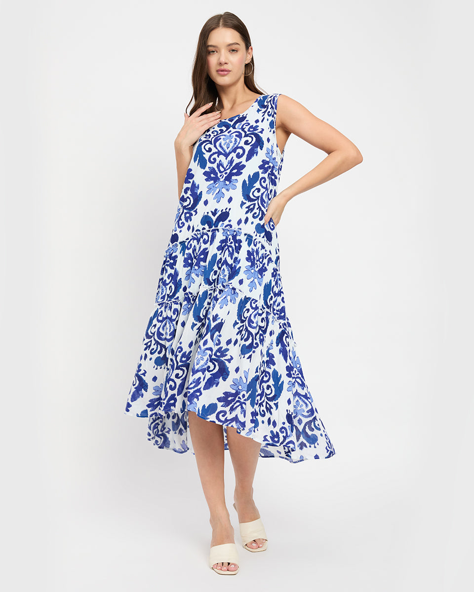 White & Blue Damask Print Flowy Midi Dress for Women