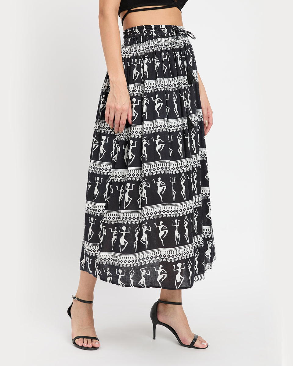 Lady Print Black and White Rayon A line Elastic Waist Long Skirt