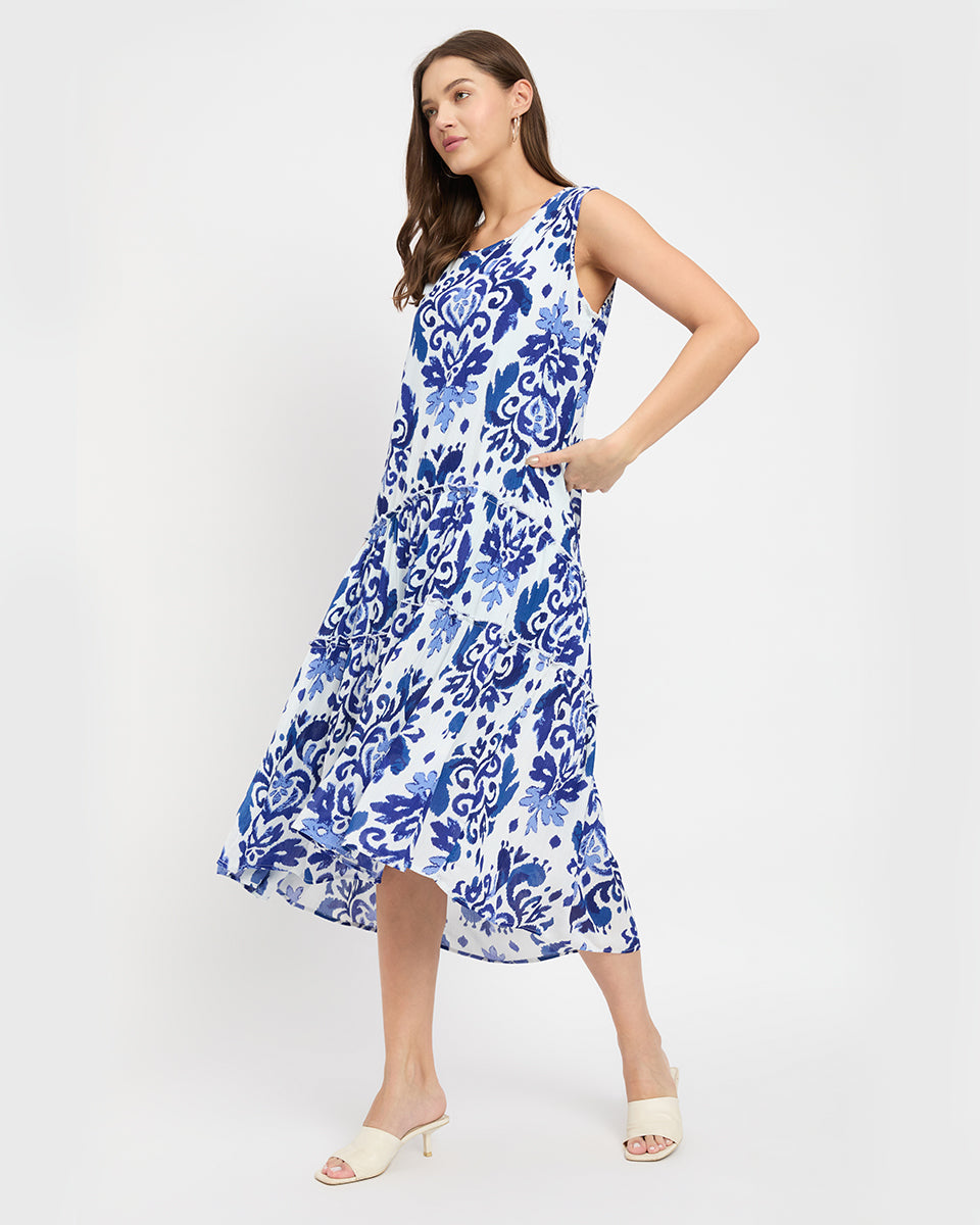 White & Blue Damask Print Flowy Midi Dress for Women