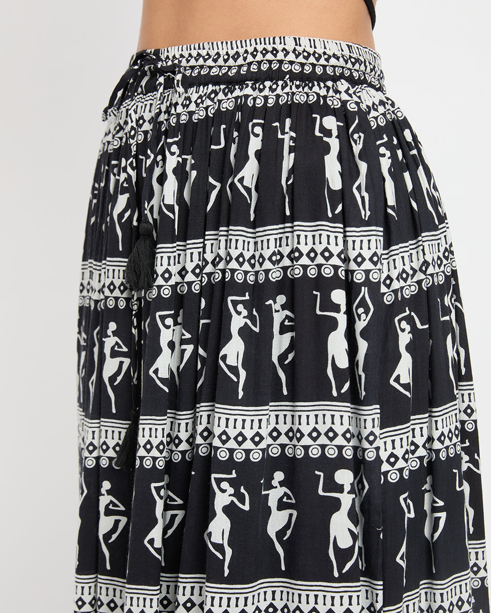 Lady Print Black and White Rayon A line Elastic Waist Long Skirt