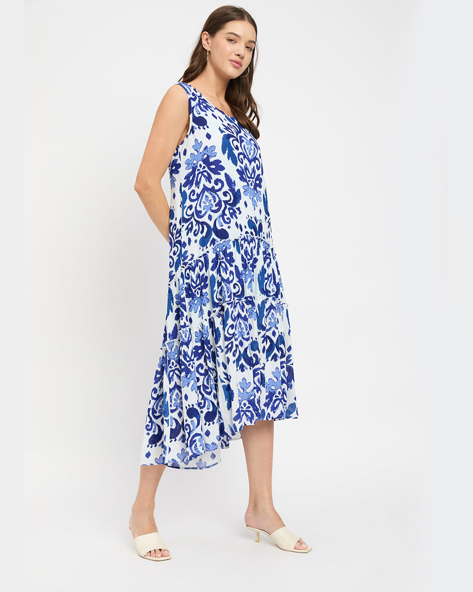 White & Blue Damask Print Flowy Midi Dress for Women