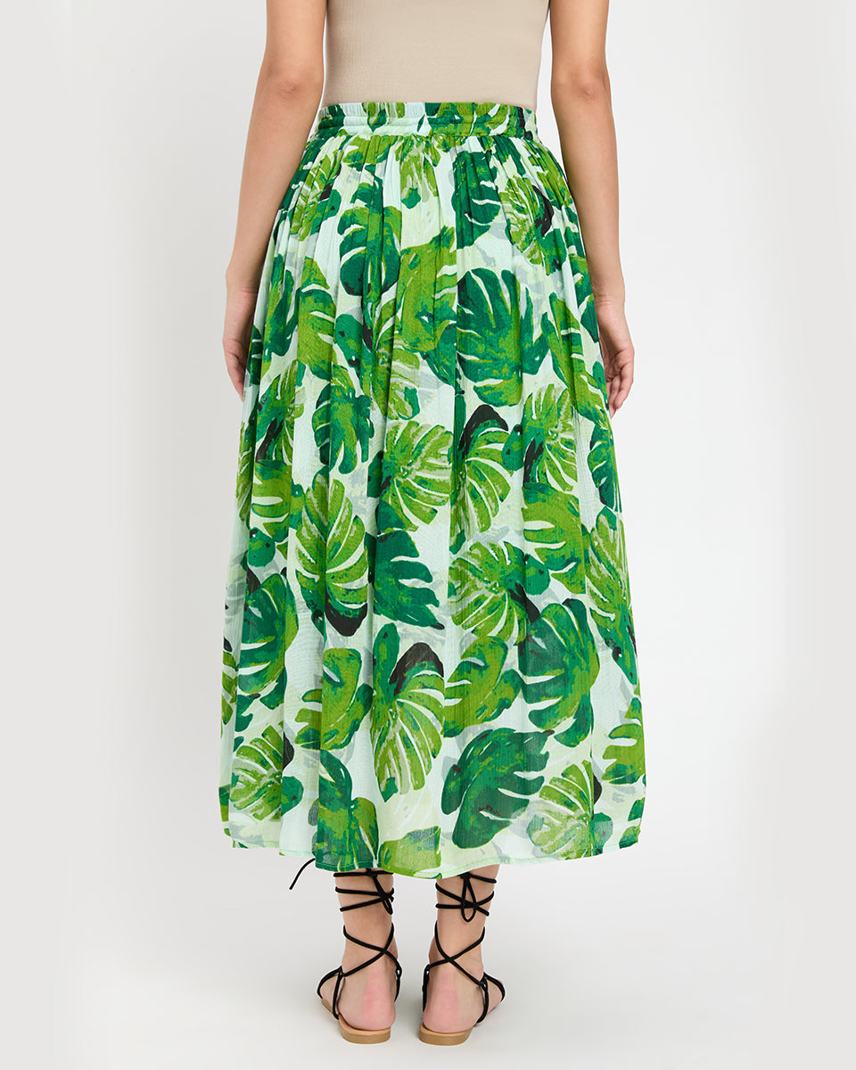 Green Leaf Print Rayon Gauze And Poly Knit Calf Length Skirt For Women
