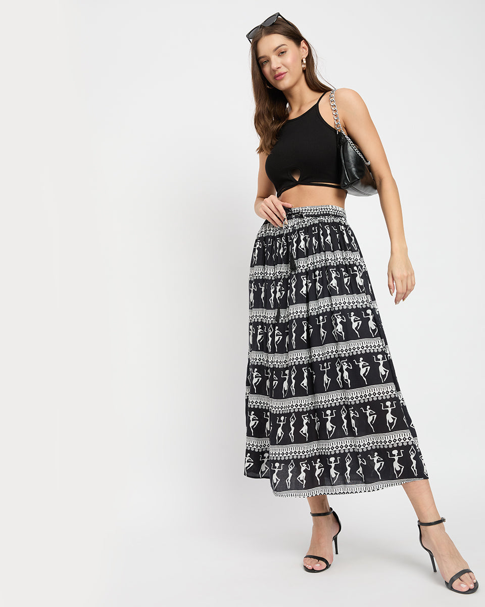 Lady Print Black and White Rayon A line Elastic Waist Long Skirt