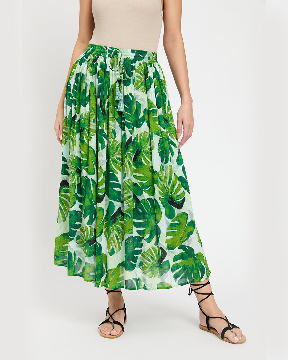 Green Leaf Print Rayon Gauze And Poly Knit Calf Length Skirt For Women