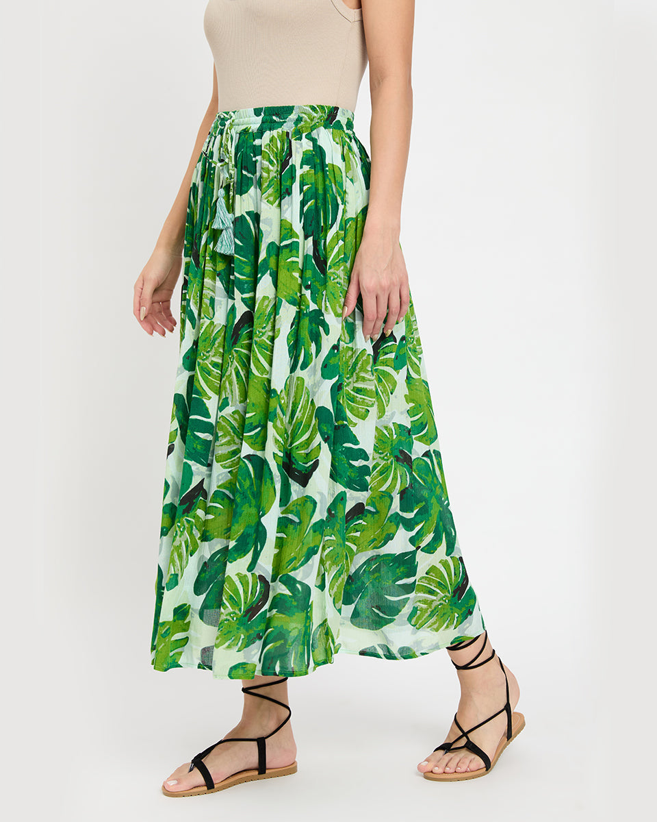 Green Leaf Print Rayon Gauze And Poly Knit Calf Length Skirt For Women