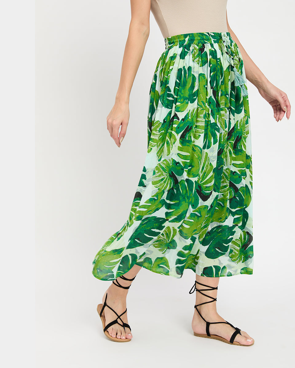 Green Leaf Print Rayon Gauze And Poly Knit Calf Length Skirt For Women