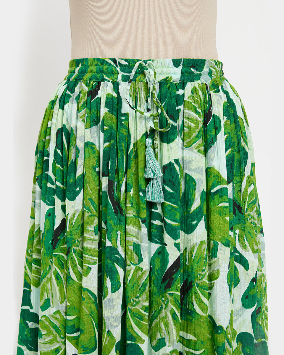 Green Leaf Print Rayon Gauze And Poly Knit Calf Length Skirt For Women