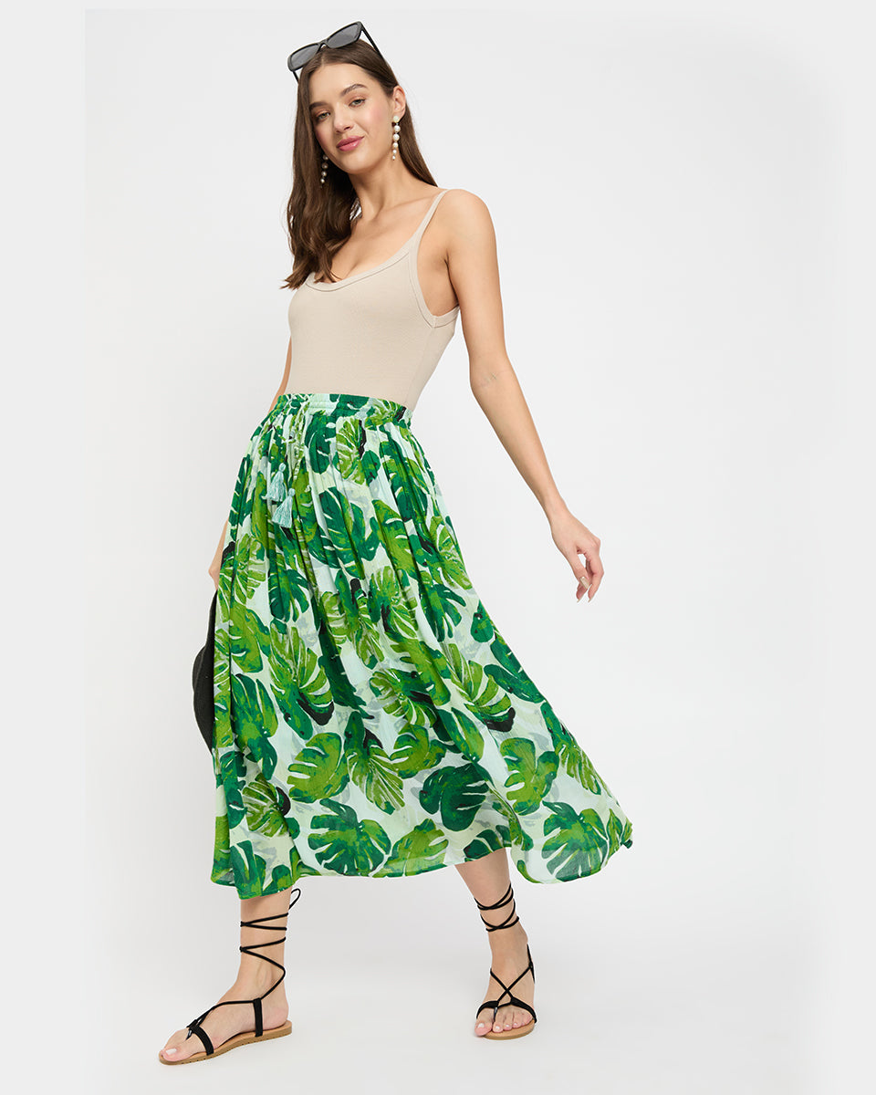 Green Leaf Print Rayon Gauze And Poly Knit Calf Length Skirt For Women