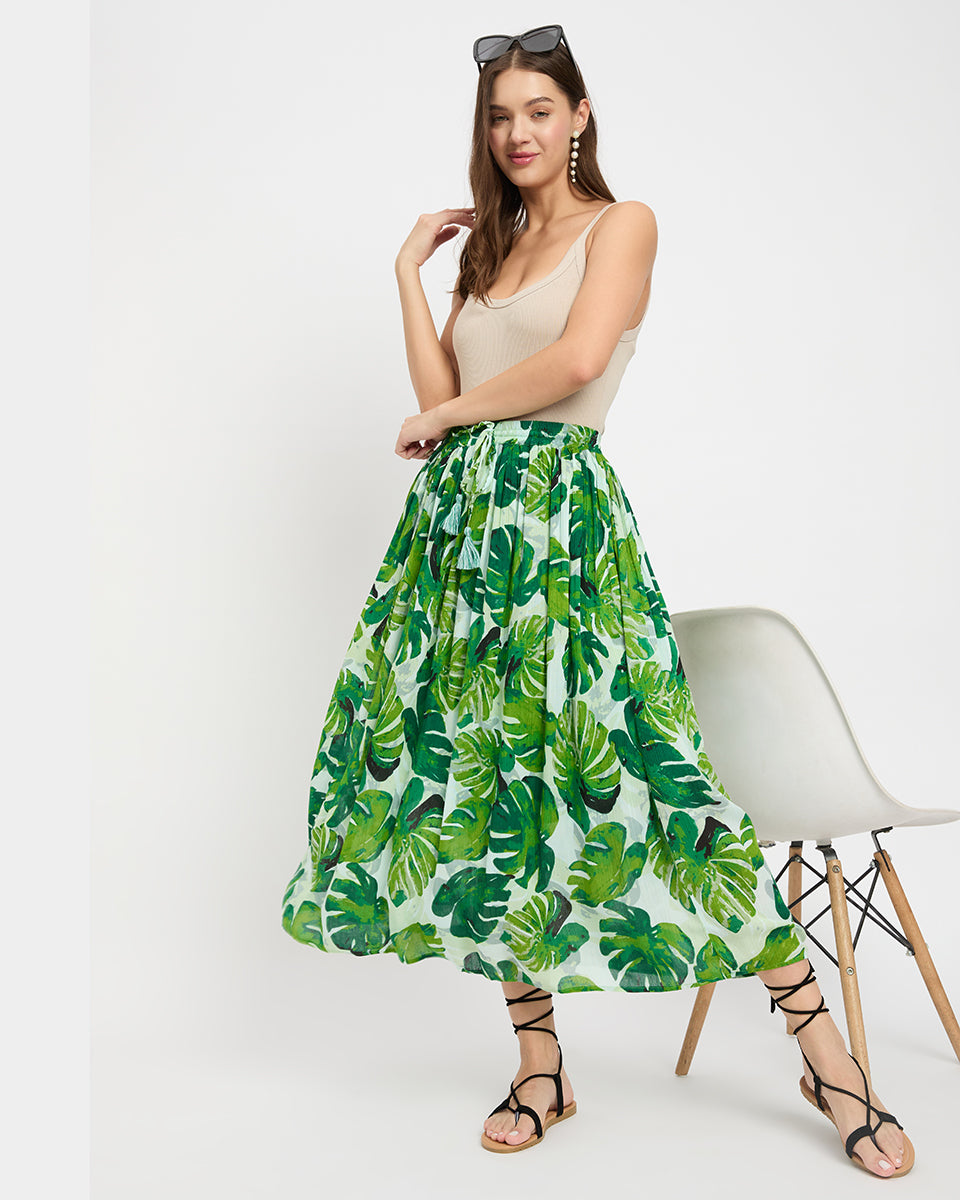 Green Leaf Print Rayon Gauze And Poly Knit Calf Length Skirt For Women