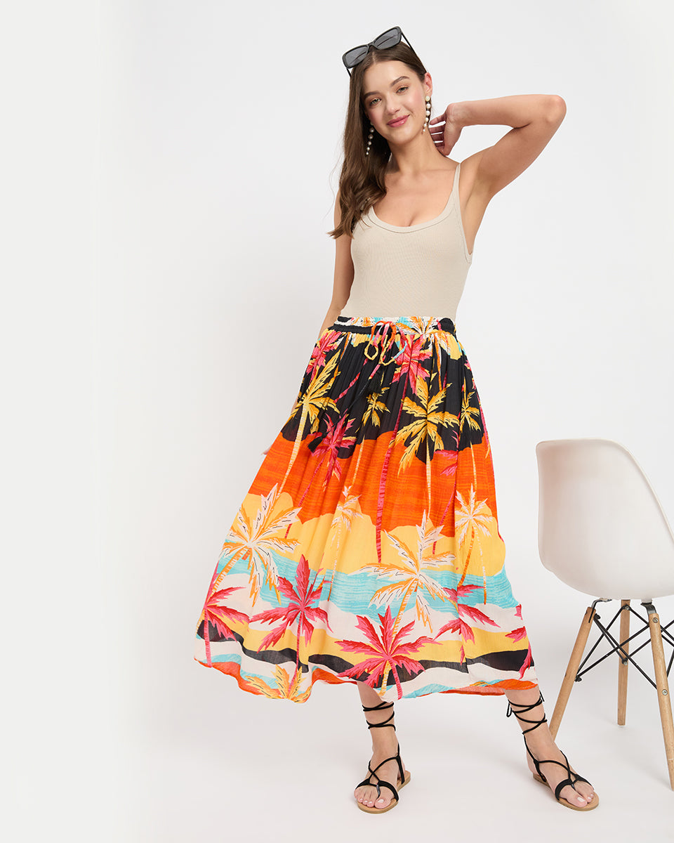 Beach Theme Orange Rayon Crepe Skirt For Women