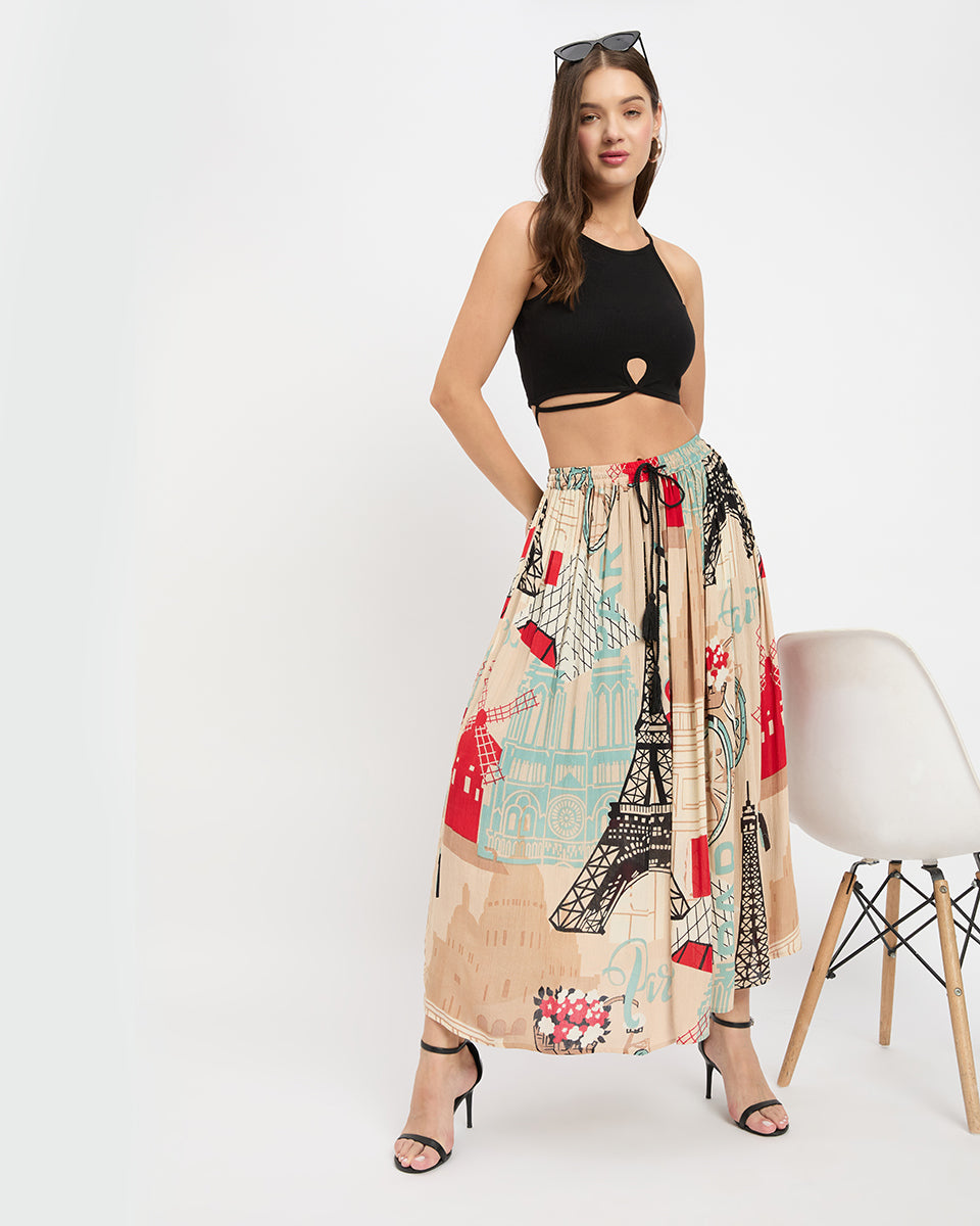 Beige Color Eifel Tower Print Rayon And Poly Knit Skirt For Women