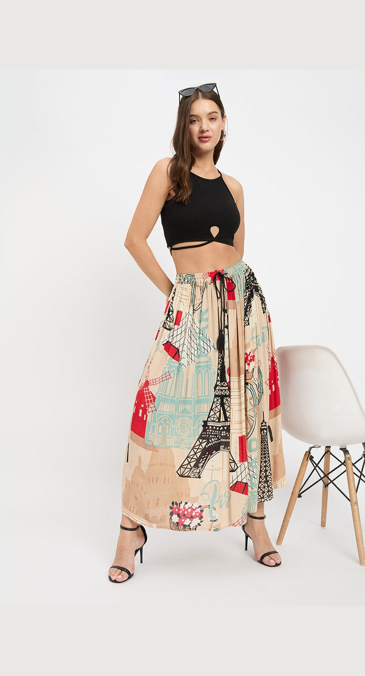 Beige Color Eifel Tower Print Rayon And Poly Knit Skirt For Women - S M L XL - SKU SKTD-013 S - Gypsie Blu