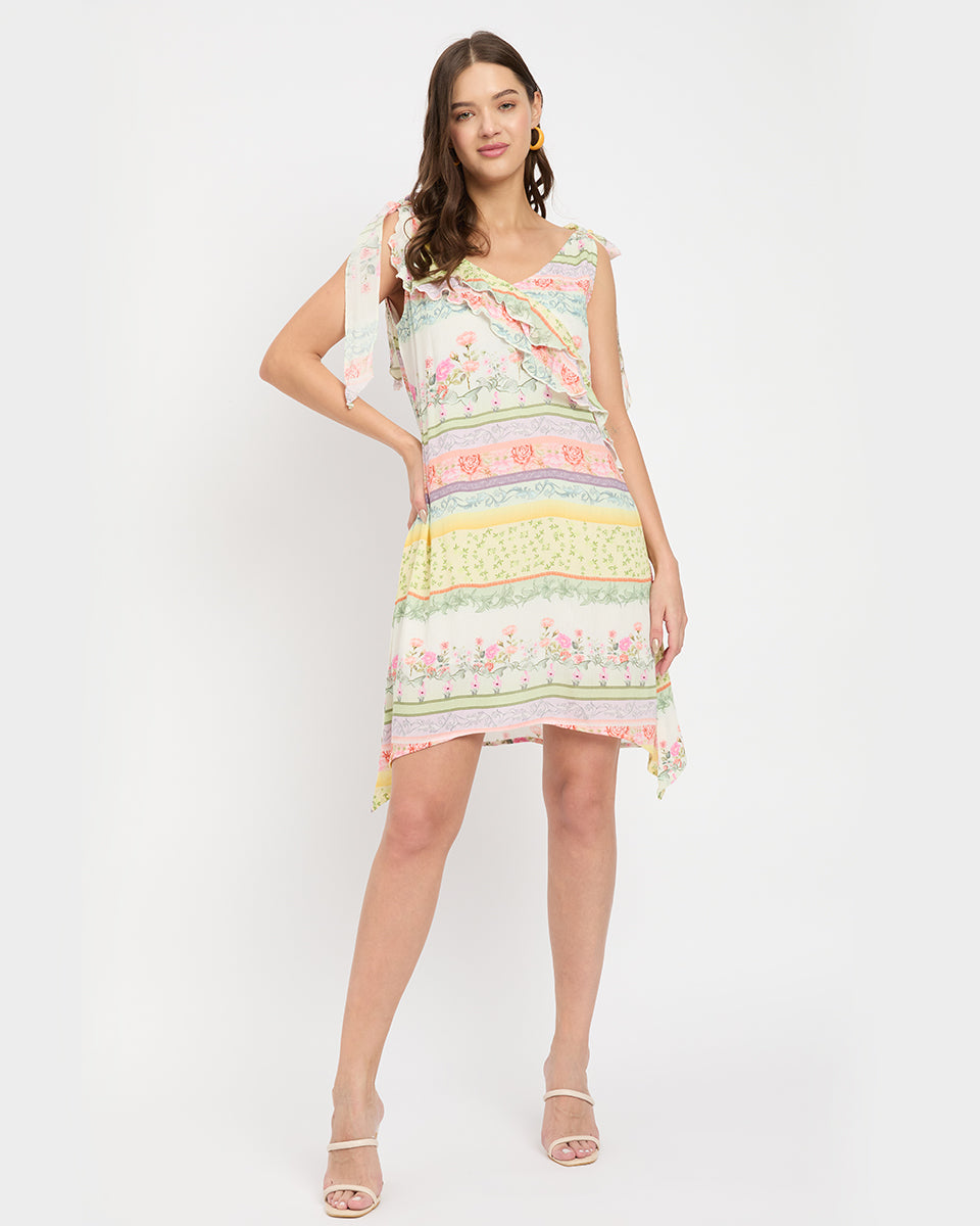 Multicolor Rayon Floral Print Mini Dress For Women