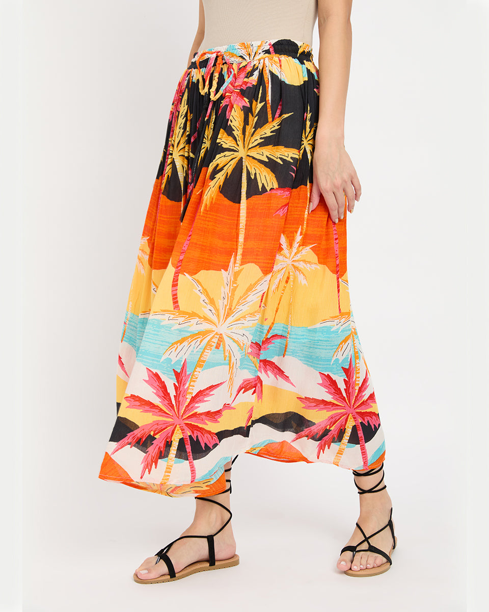 Beach Theme Orange Rayon Crepe Skirt For Women