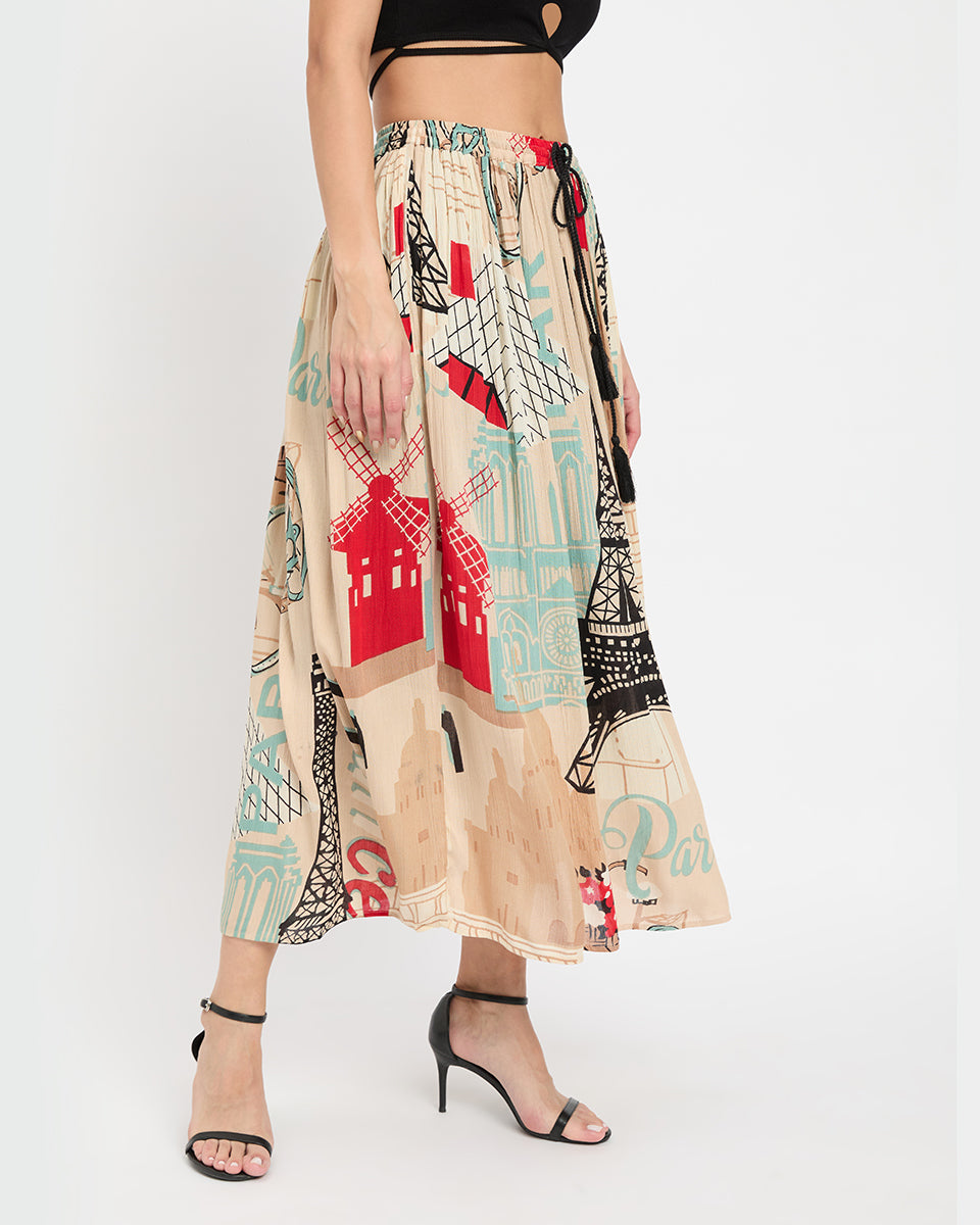 Beige Color Eifel Tower Print Rayon And Poly Knit Skirt For Women