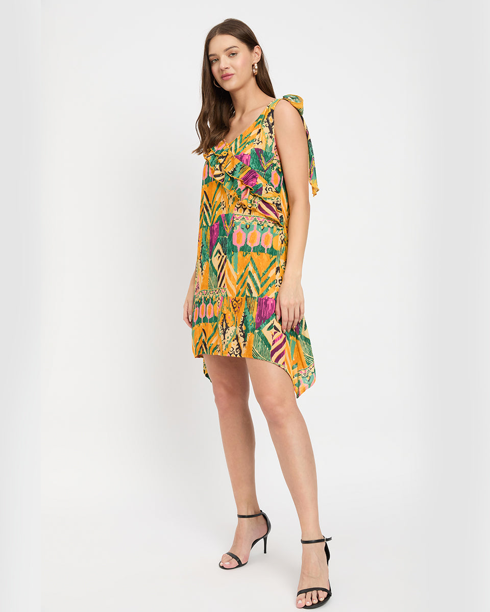 Multicolor Abstract Print Boho Chic Women Mini Dress