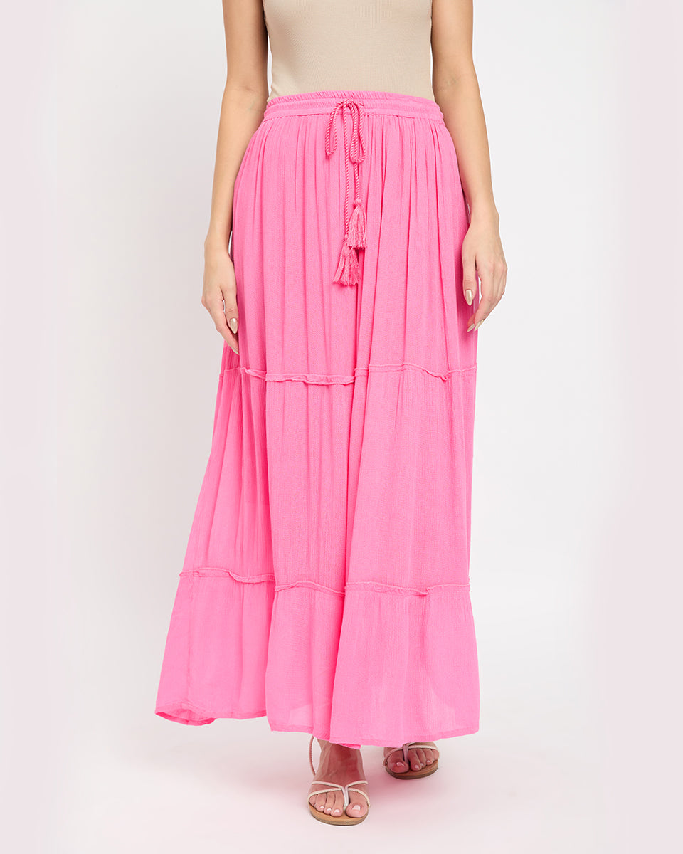 Pink Poly Knit And Rayon Long Skirt For Women