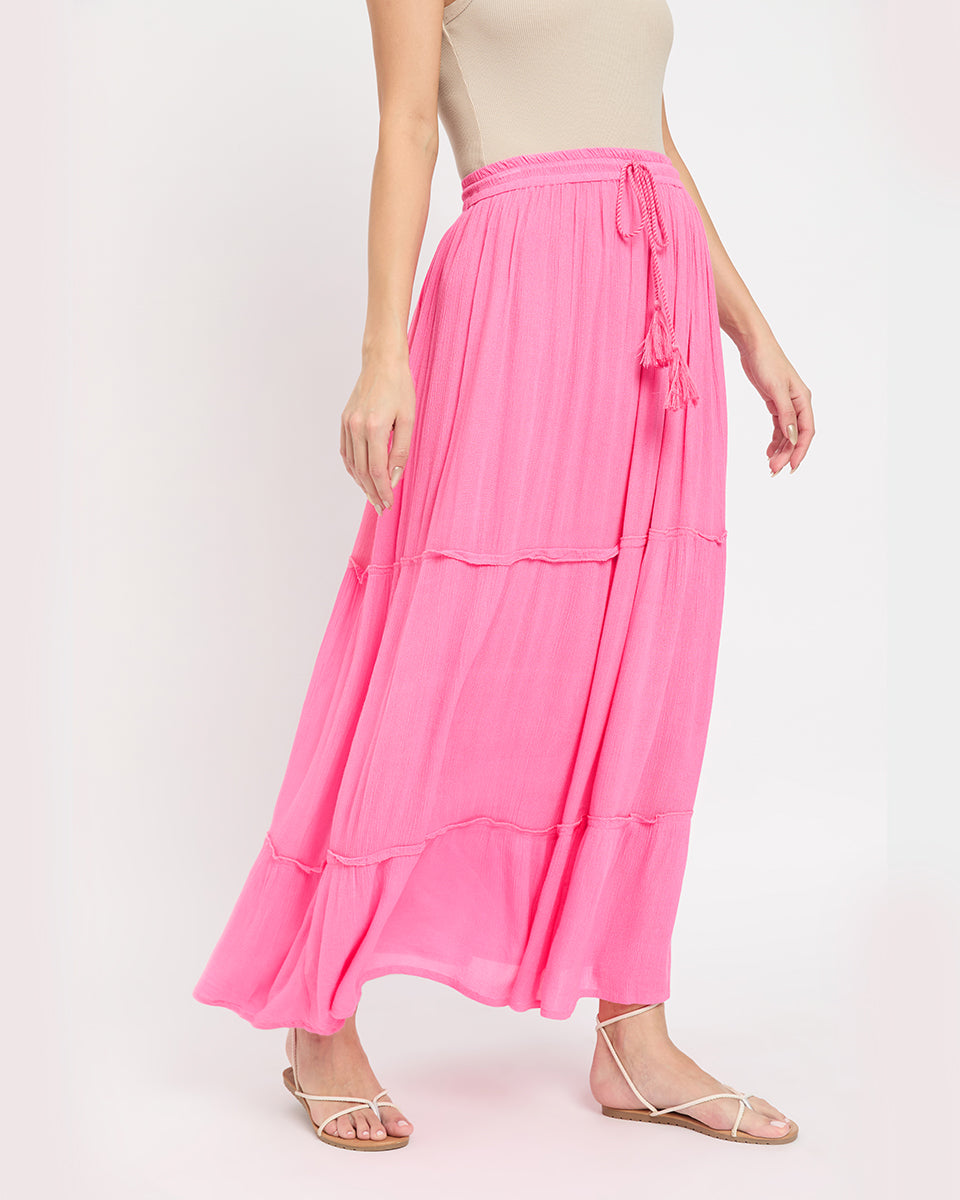 Pink Poly Knit And Rayon Long Skirt For Women