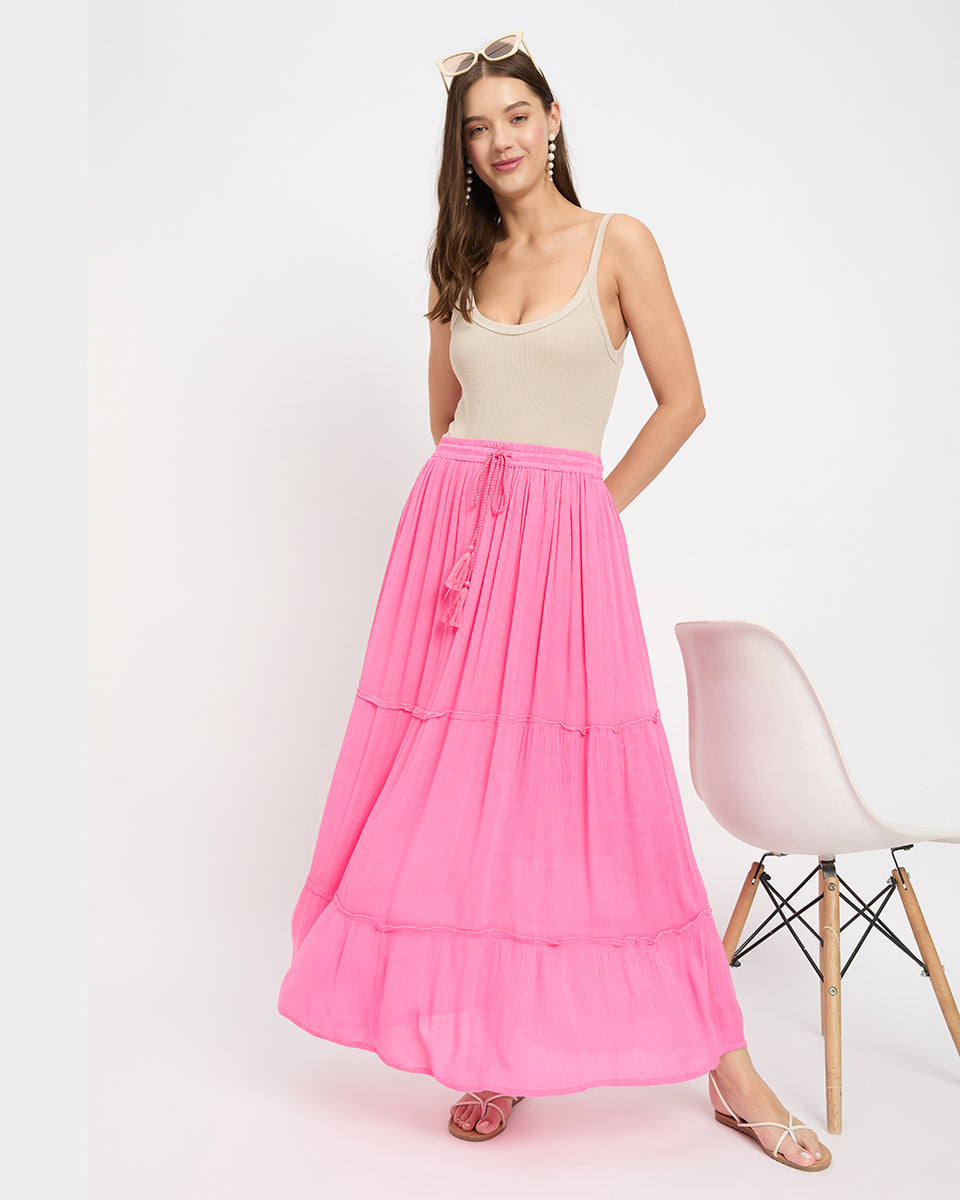 Pink Poly Knit And Rayon Long Skirt For Women
