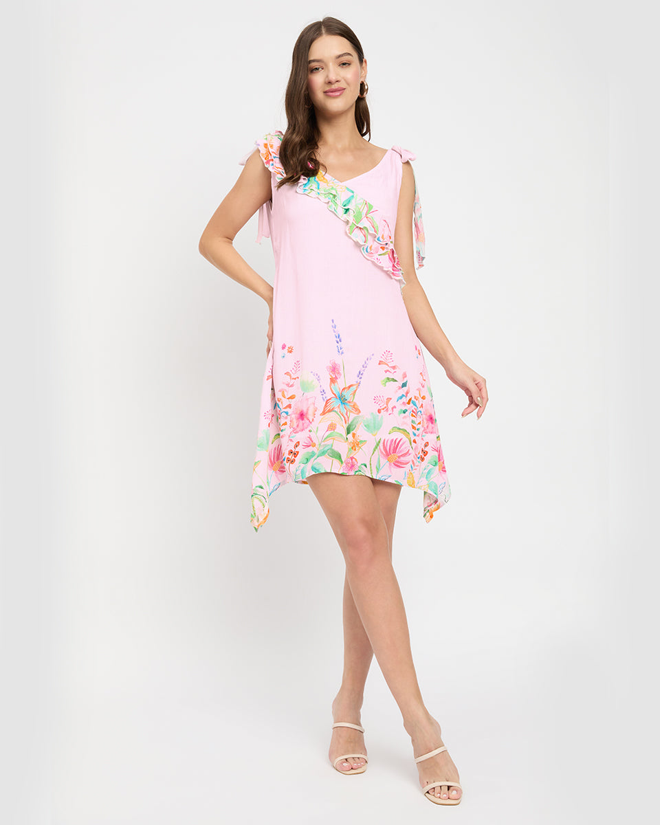 Pink Floral Print Rayon Crepe V Neck Mini Dress For Women