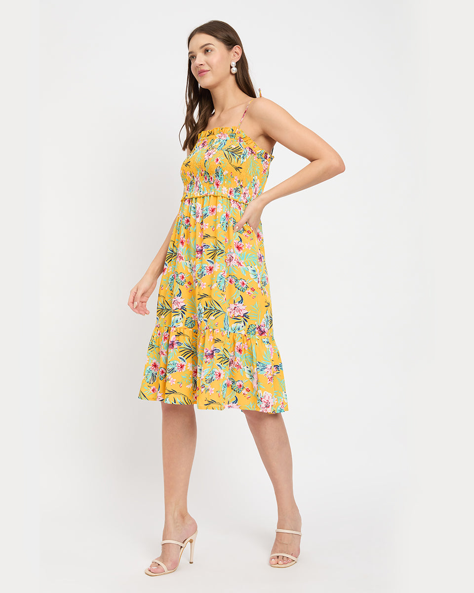 Stunning Floral Yellow Polyester Midi Dress For Women