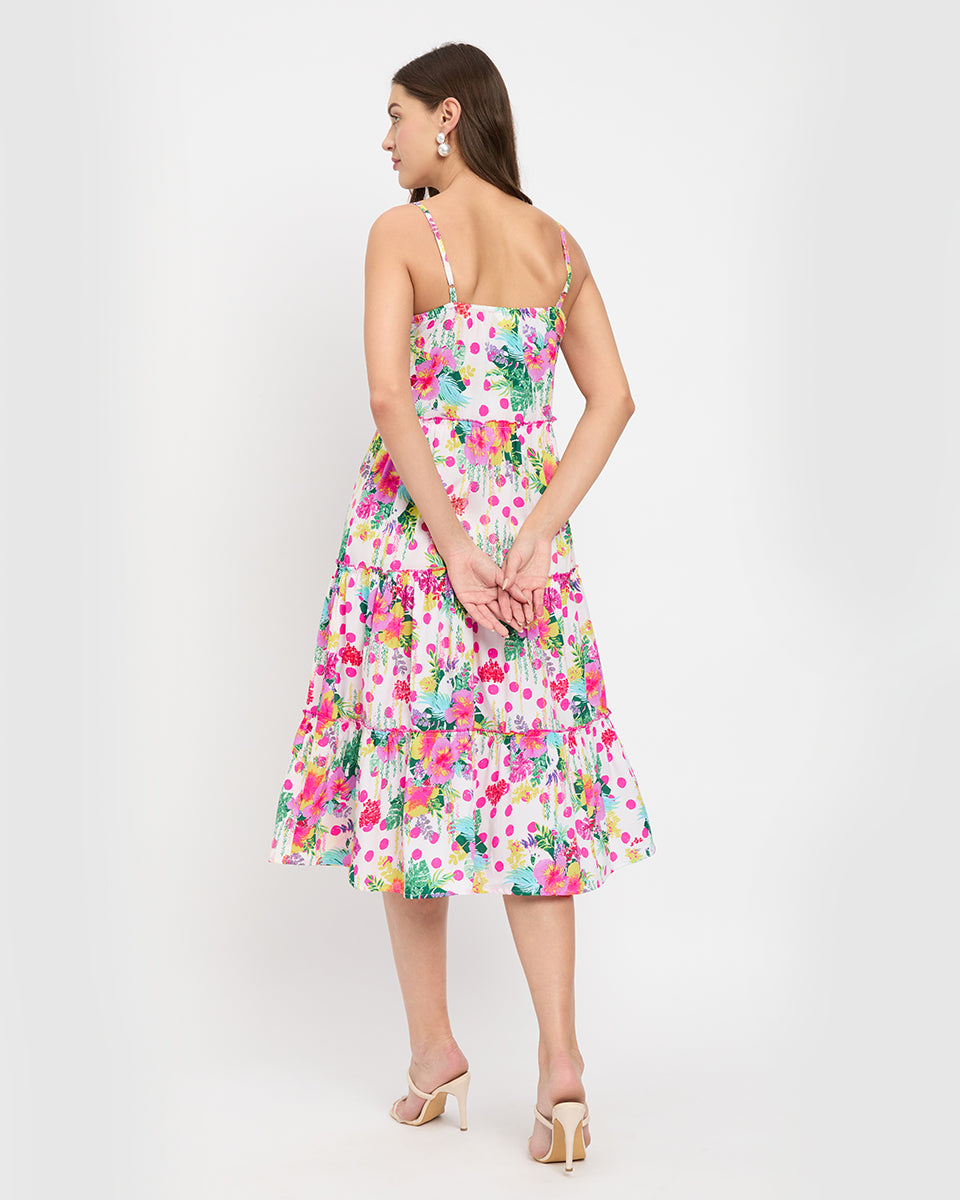 White Floral Print Polyester Polka Dots Midi Dress For Women