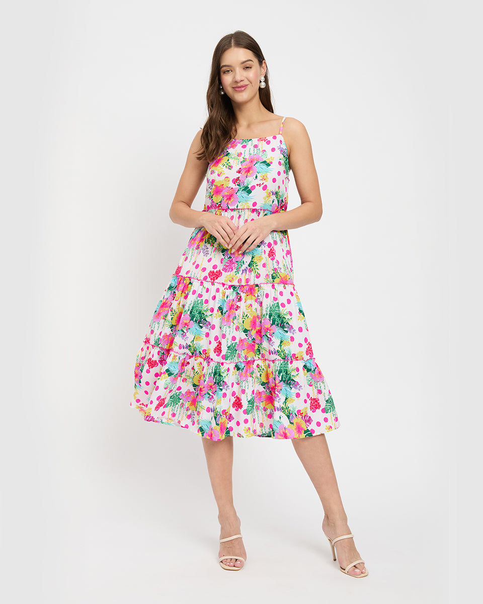 White Floral Print Polyester Polka Dots Midi Dress For Women