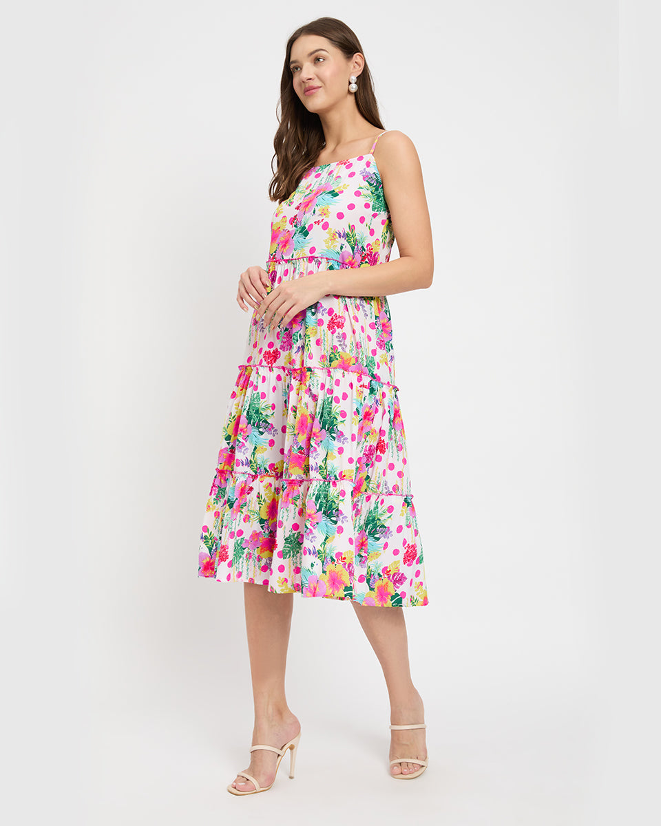 White Floral Print Polyester Polka Dots Midi Dress For Women